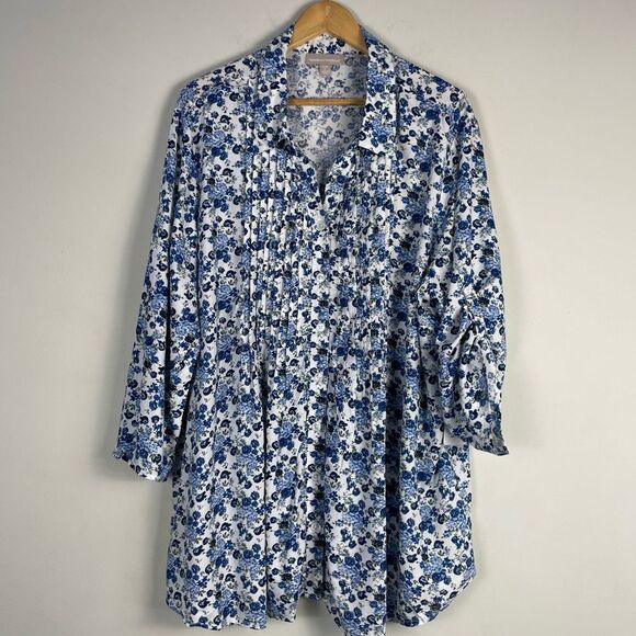 Woman‎ Whithin Floral Button Down Tunic Top Size 1X NEW Pintuck Blue and White - Picture 1 of 8